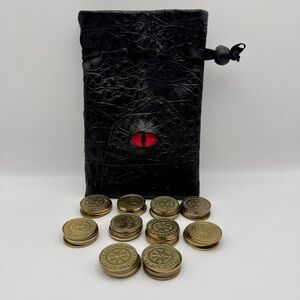 DND Dragon Eye Dice Bag + 50 Metal DND Coins Treasure Tokens Tabletop RPG Lot
